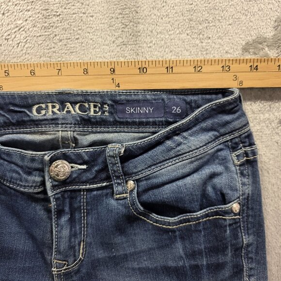 Grace in LA Jeans Women's 26 Blue Skinny Distressed Patched Distressed Hem - Picture 7 of 11